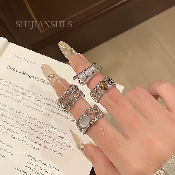 "Clear Radiance with Jade" Retro Unisex Tiger's Eye Non-Replicated Cat's Eye Ring for Women, Niche Trendy Cool Textured Index Finger Ring