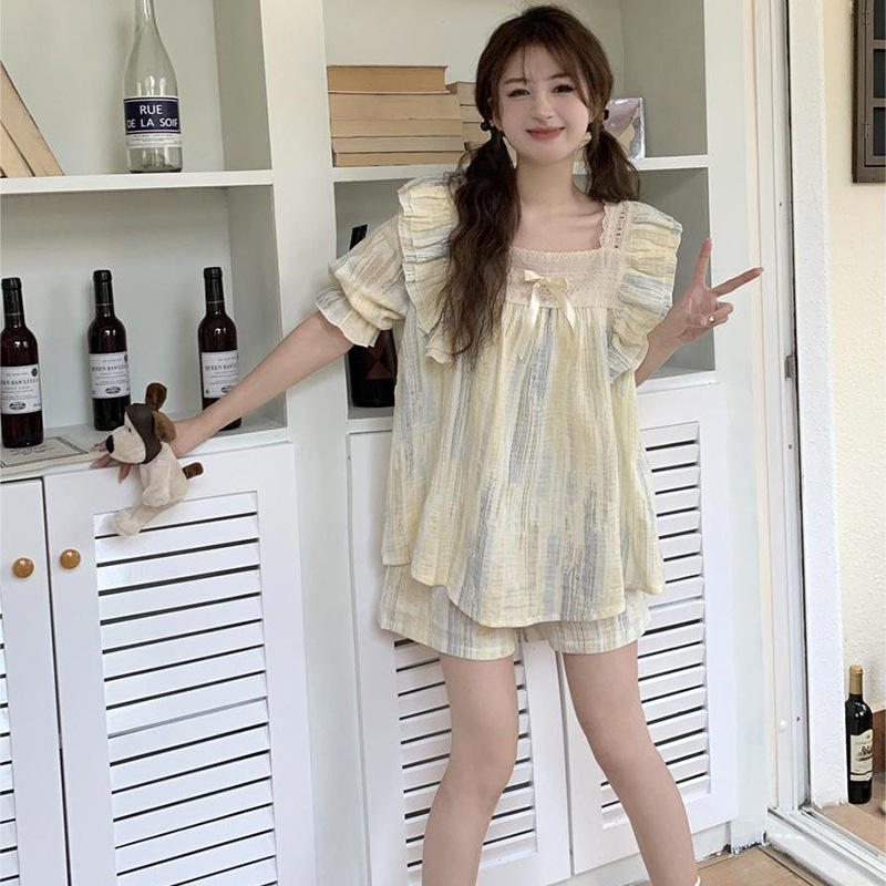 Bubble Cotton Pajamas Women's Summer Short Sleeve Shorts with Chest Pad Korean Style Sweet Princess Style Home Clothes suit Can Wear