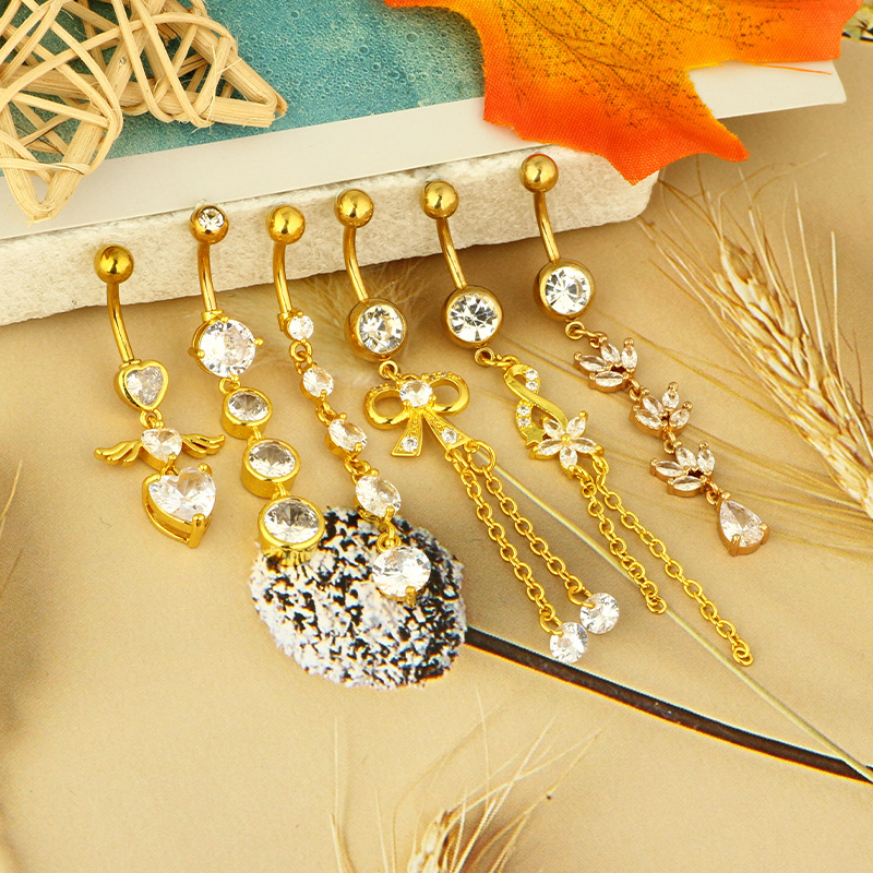 Best Selling Gold Heart Navel Ring Stainless Steel Copper Inlaid Zircon Belly Button Piercing Jewelry detail image 6