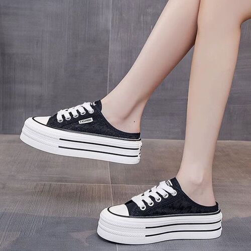 Thick sole lace canvas slippers for women's outer wear 2026 spring and summer new style slip-on baotou semi-drag small white shoes