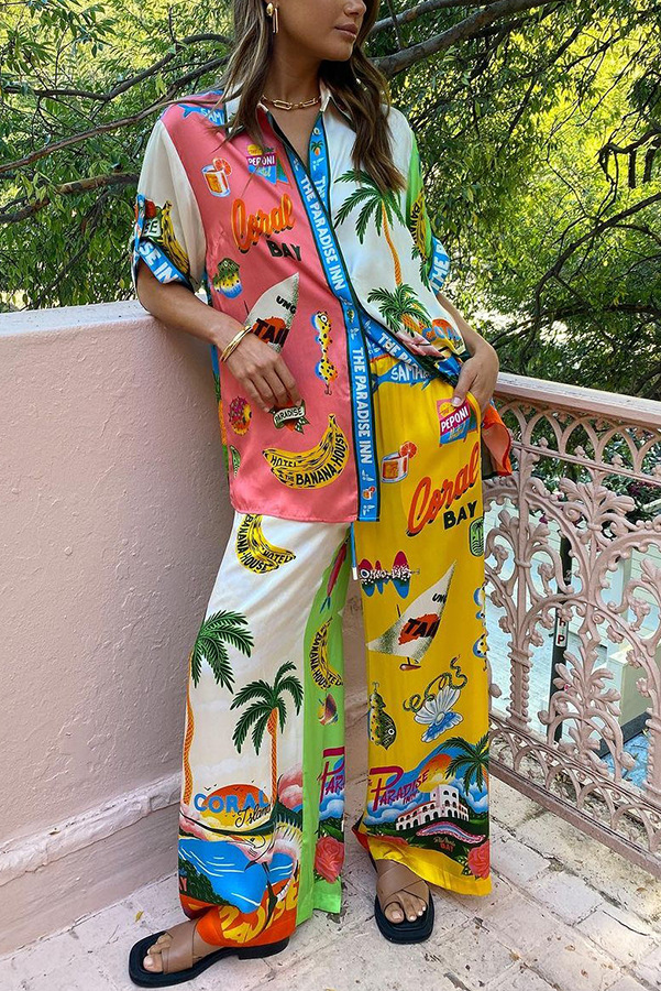 Half Sleeve Sleeve Length Holiday Women's Streetwear Cartoon Polyester Printing Pant Co-ord Set Pants Sets