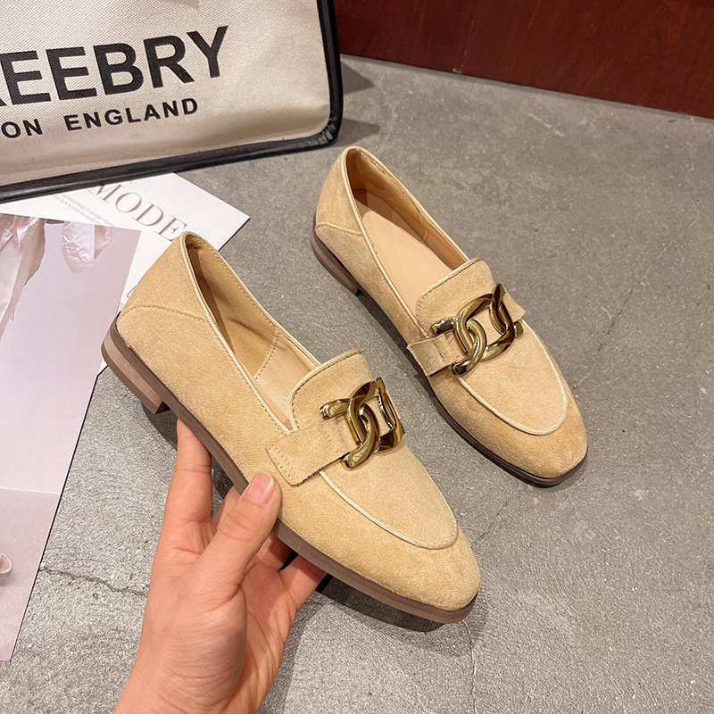 Flat Single For Women 2024 Spring New French Style Horsebit Loafers Low Heel Suede Slip-On Casual Shoes_vogvips.com
