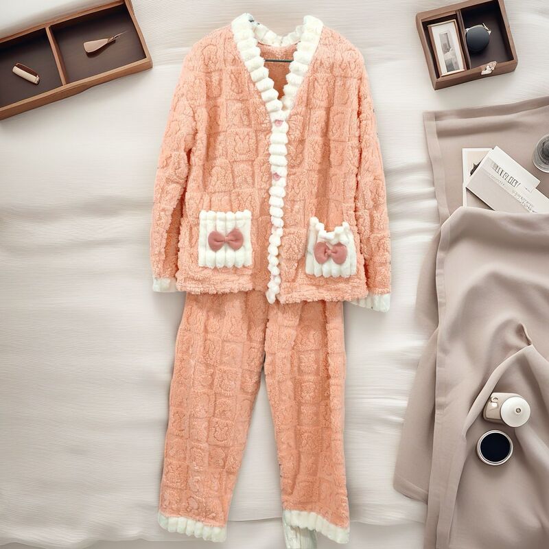 秋冬季珊瑚绒睡衣套装女加绒加厚家居服时尚可外穿法兰绒开衫睡袍|undefined
