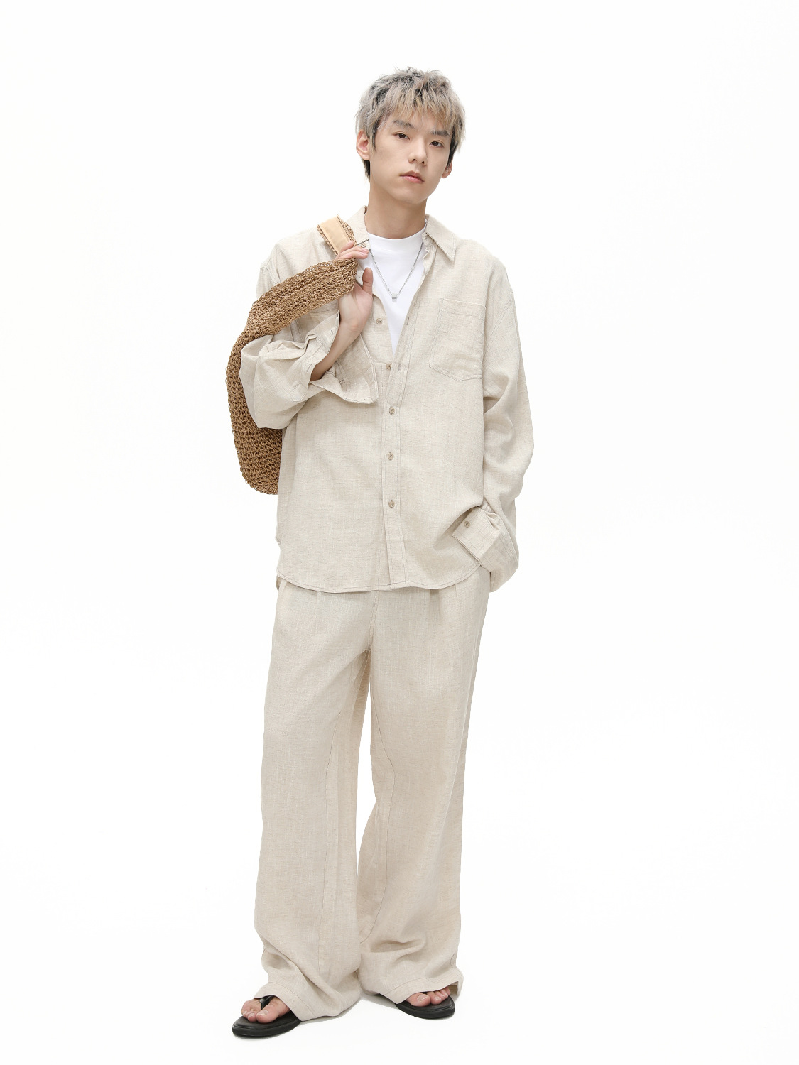 MTLCLOTHES Hombres| Coreano minimalista básico camisa de ramie de color sólido pantalones casuales con traje de viaje universal