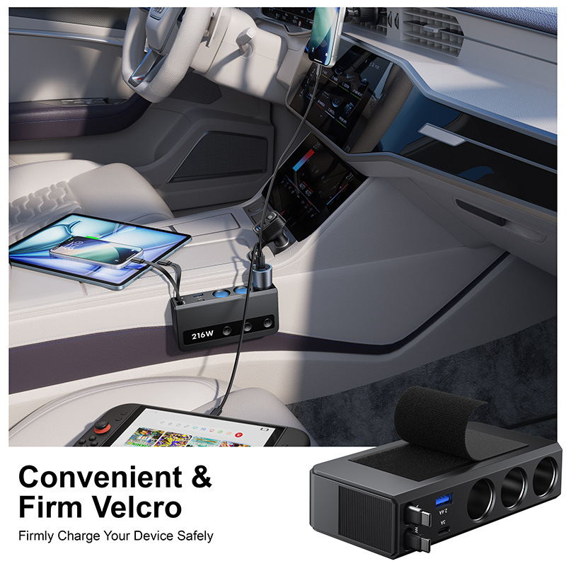 Multifunctional car charger with retractable cable, digital display, high-power car charger, fast charging