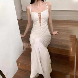 Dresses 亚马逊夏季白色新中式性感深V露背吊带连衣裙