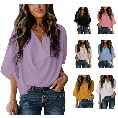 Camisa de Gasa Estilo Europeo y Americano para el Verano 2025, Camiseta Holgada con Cuello en V, Top Tipo Capa, Ropa de Mujer con Acabado Desgastado
