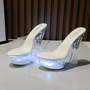 10365-68 AliExpress 14cm luminous metal buckle high heels thick heel super high heel waterproof platform hate sky high slippers