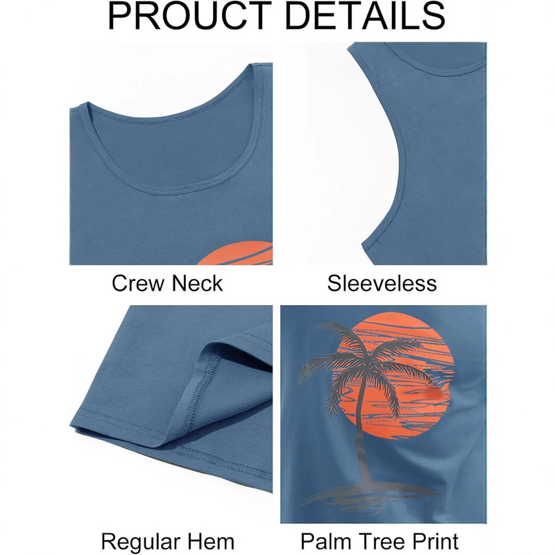 Damorong Men's Sleeveless Tank Top Fitness Shirt Palm Tree Vintage Style T-Shirt White Red Gray
