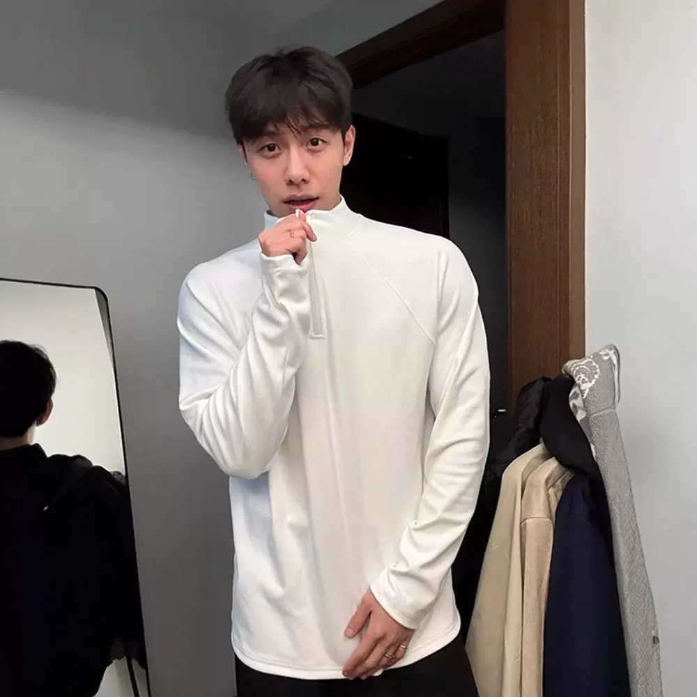 深灰色半拉链德绒打底衫男秋冬美式痞帅立领内搭健身训练长袖t恤