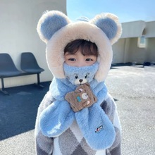 儿童帽子围巾口罩一体三件套秋冬季男女童保暖毛绒帽宝宝防风护耳
