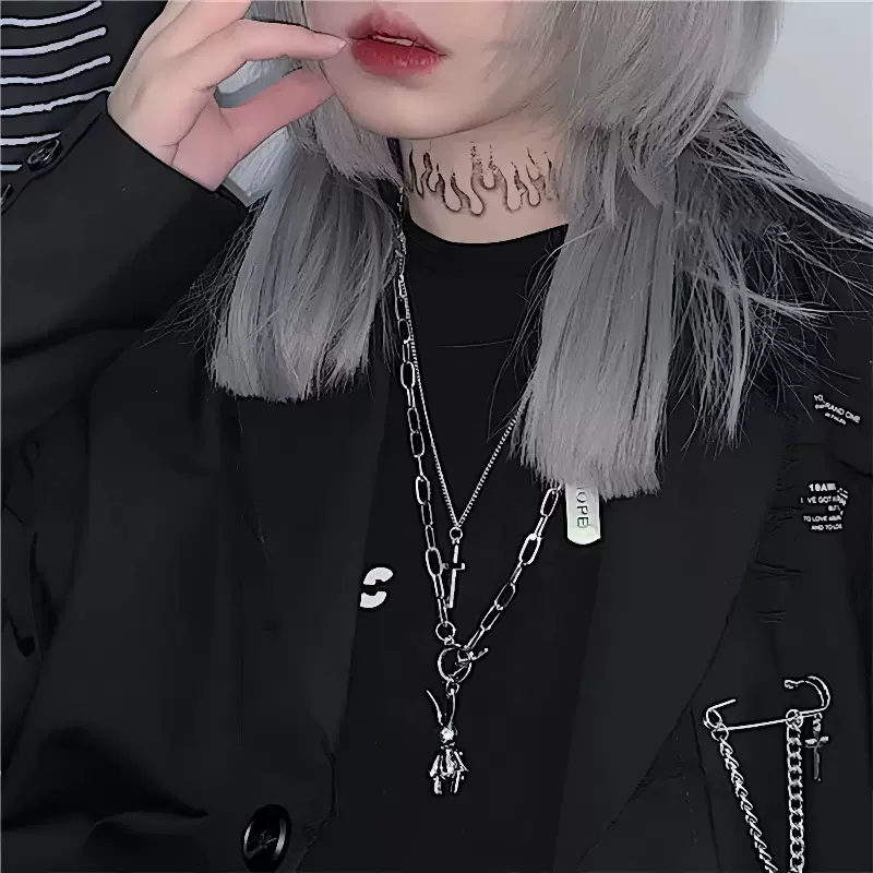 网红双层叠戴十字架项链兔子吊坠可活动男女潮流字母个性配饰