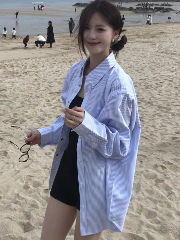 2025早春季韩系穿搭蓝色条纹衬衫上衣女装超好看长袖防晒衬衣外套|undefined