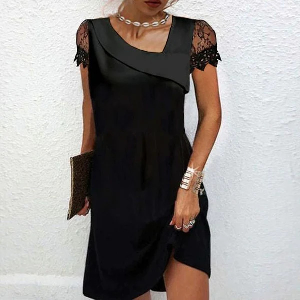 2023 Amazon AliExpress Summer New Double Slant Collar Lace Short Sleeve Fashion Women's Solid Color Dress