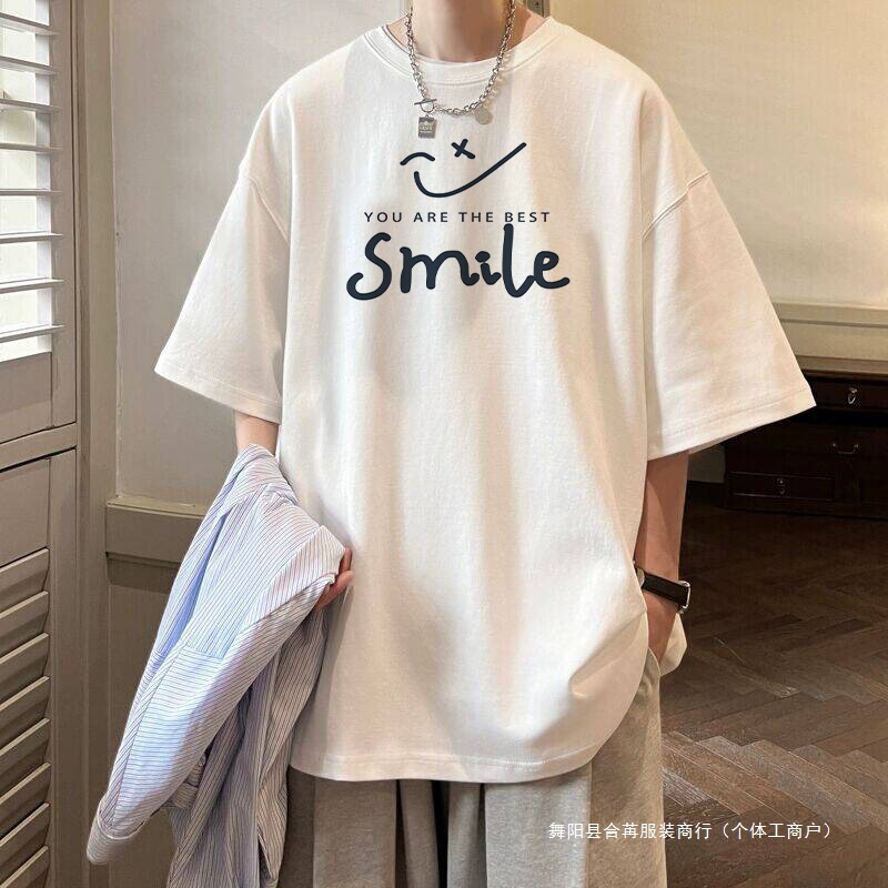 Summer Trendy Ins Printed Short-Sleeved T-Shirt Men's Loose Harajuku Bf Versatile Five-Quarter Sleeve Couple Round Neck Half-Sleeved Top