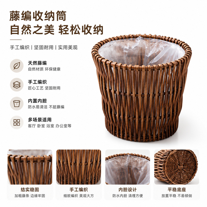 Rattan Trash Can for Home Use, Creative Living Room and Bathroom Wastebasket, Eco-Friendly Storage Bin, Simple Bamboo Trash Basket Rattan Trash Can for Home Use, Creative Living Room and Bathroom Wastebasket, Eco-Friendly Storage Bin, Simple Bamboo Trash Basket