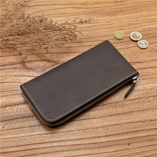 Men's retro Crazy Horse first-layer cowhide long wallet large-capacity genuine leather zipper wallet simple multi-card slot wallet