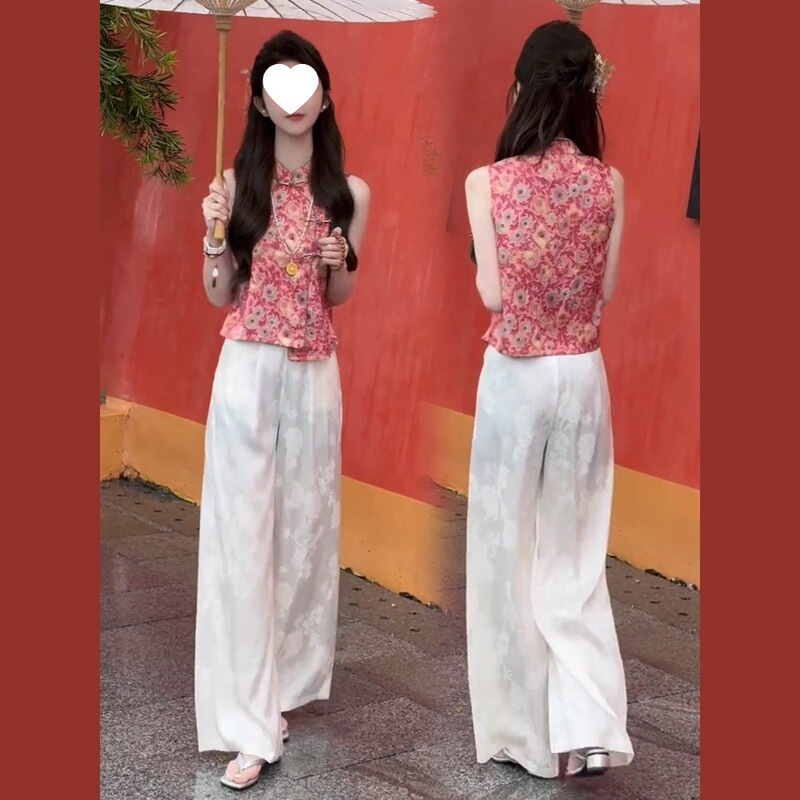 新しい中国風の国民風ファッションスーツ女性の夏スタイルバックルジャカードノースリーブベストトップワイドレッグパンツ 2 点セット|undefined