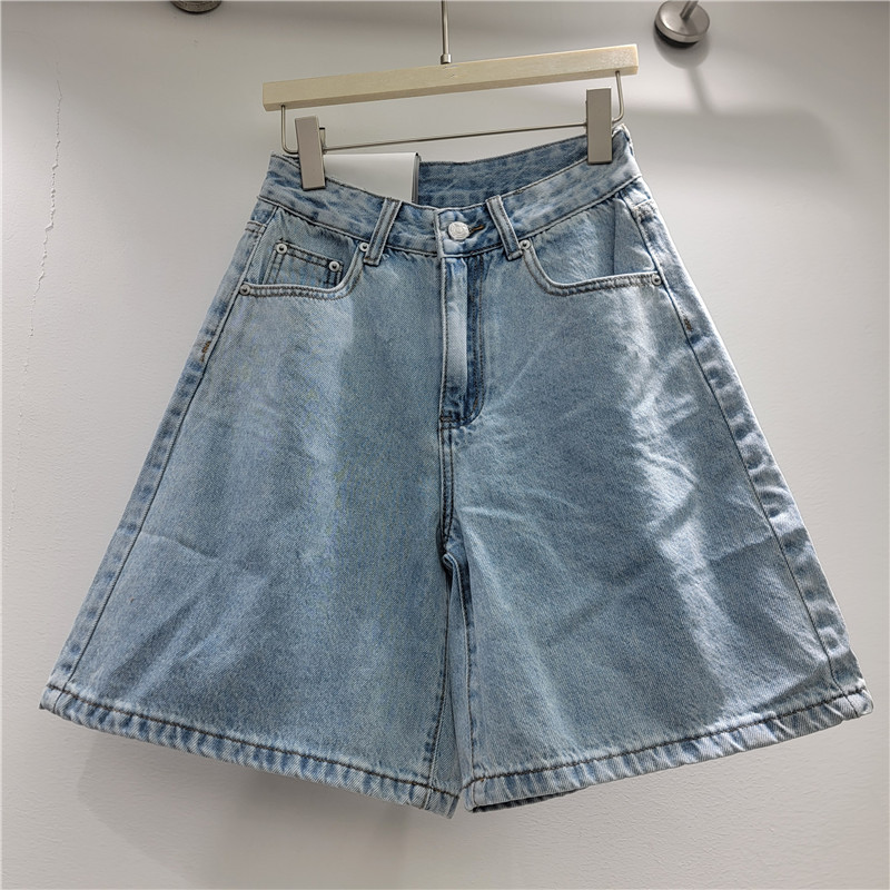 Pantalones Cortos Vaqueros de Cinco Puntos de Poliéster y Mezclilla De Cintura Alta, Con Bolsillos, Efecto Desgastado