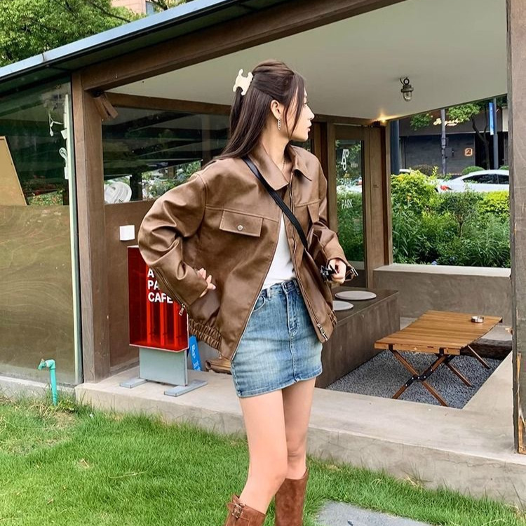 2026 Spring and Autumn New Retro American Style Leather Jacket for Women, Brown Loose Fit Slimming Elegant Biker Jacket Top