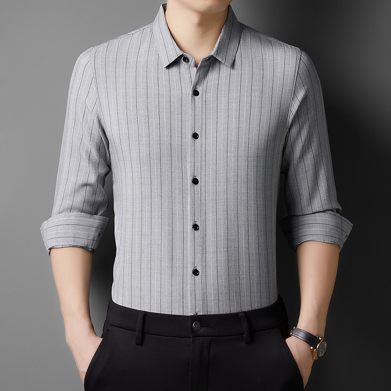 2024秋季男士长袖衬衫中年免烫职业正装商务高端条纹衬衣休闲寸衫