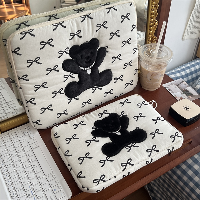 Korean Ins Style New Cartoon Cute Little Black Bear Tablet Bag 11/ 14inch Laptop Sleeve Bag