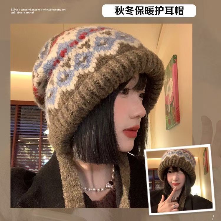 秋冬两用包包帽子复古着风保暖渔夫针织护耳民族风绑带毛线堆堆帽|undefined