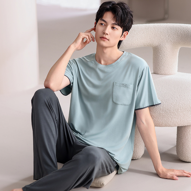 男性用パジャマ夏の新しいモーダル半袖ズボン 2 点セットティーンエイジャー薄型スタイルは家の服の外で着用できます大きいサイズ|undefined