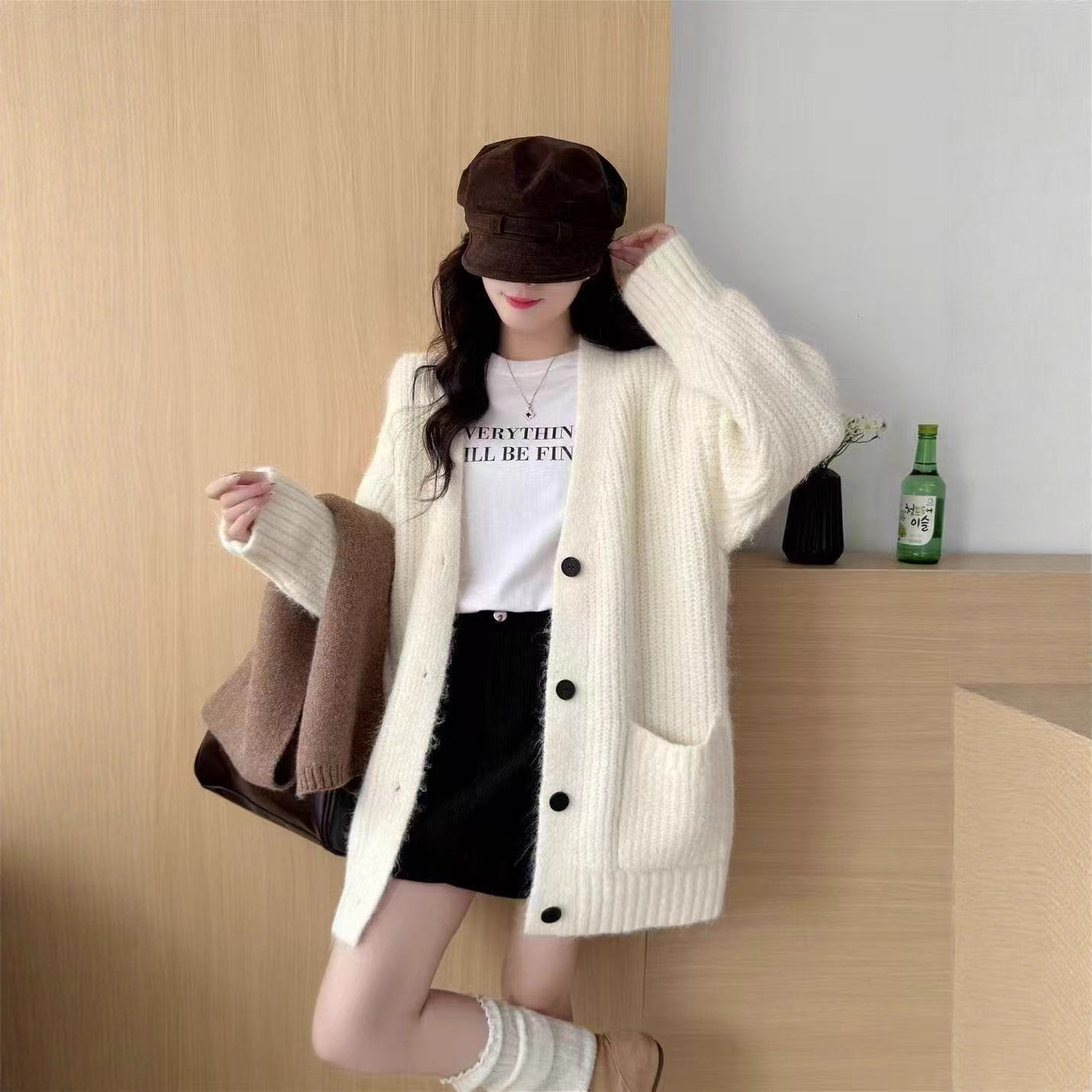 Korean Style Loose Lazy Style V-Neck Knitted Sweater Autumn and Winter Versatile Pure Color Sweet Warm Outer Casual Top