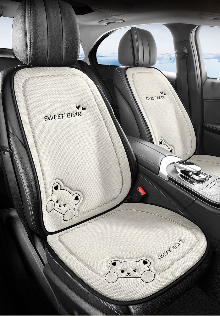 Car Seat Cushion for All Seasons, Linen Cartoon Rear Seat Cushion, Single-Piece Seat Cover for Women
