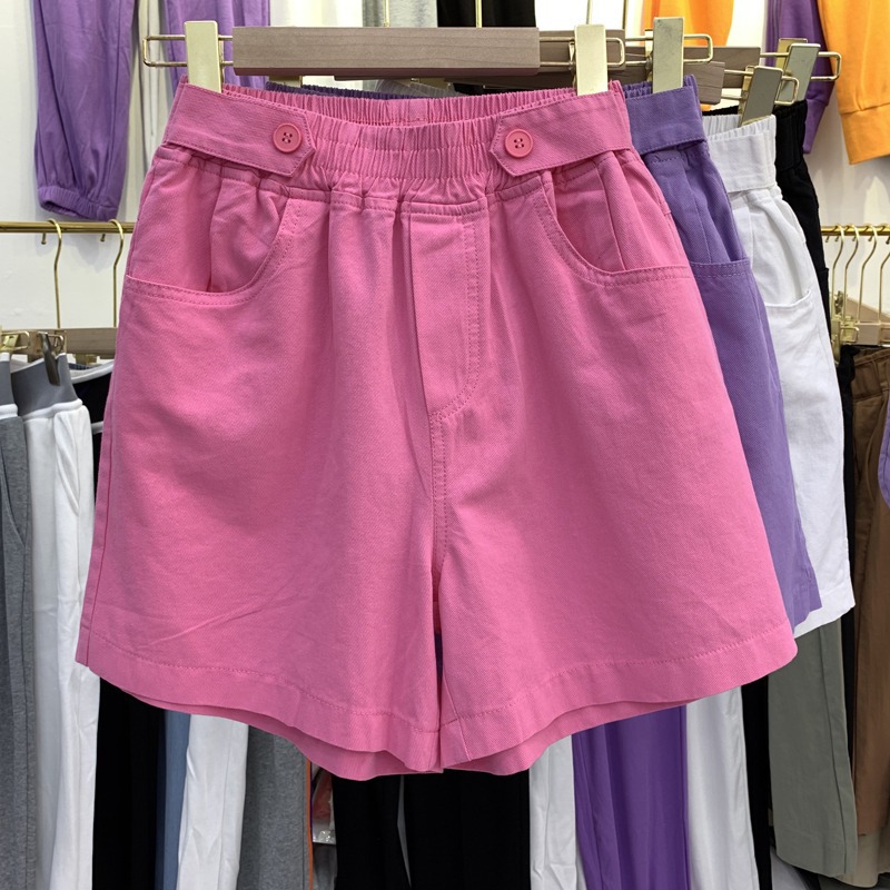 Quần short denim ống rộng cho nữ mùa hè 2024 phong cách Hồng Kông bố học sinh mặc ngoài quần năm điểm quần ống rộng chứa cotton