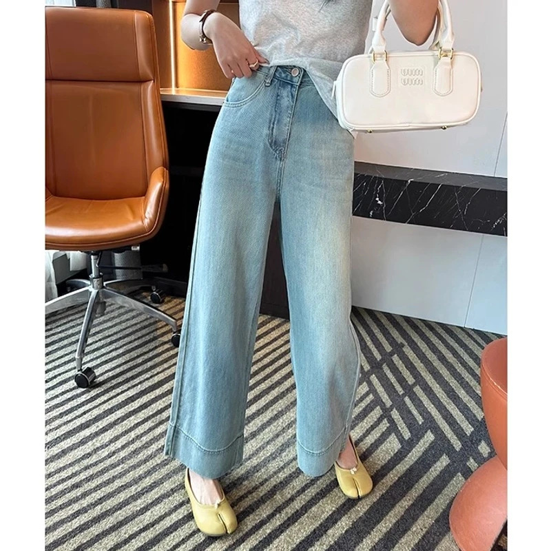 Aimeerosa/Ai Luo Sha Wide-Leg Jeans for Women, Loose and Slim, Early Spring Light-Colored Versatile Straight Nine-Point Pants