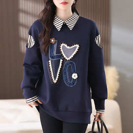 2025秋冬女装新款中长卫衣宽松遮肉假娃娃领拼接两件上衣图片