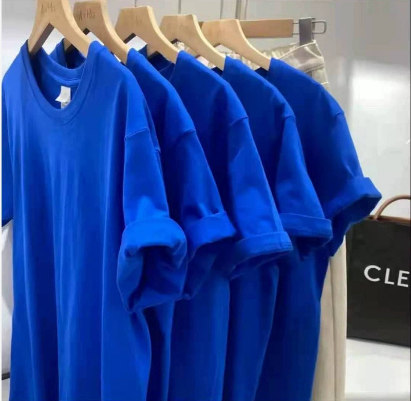 Klein Blue Two-Pin Heavy Хлопковая футболка для мужчин и женщин Летняя короткая шея Широкие свободные плечи с коротким рукавом сплошной цвет плюс размер