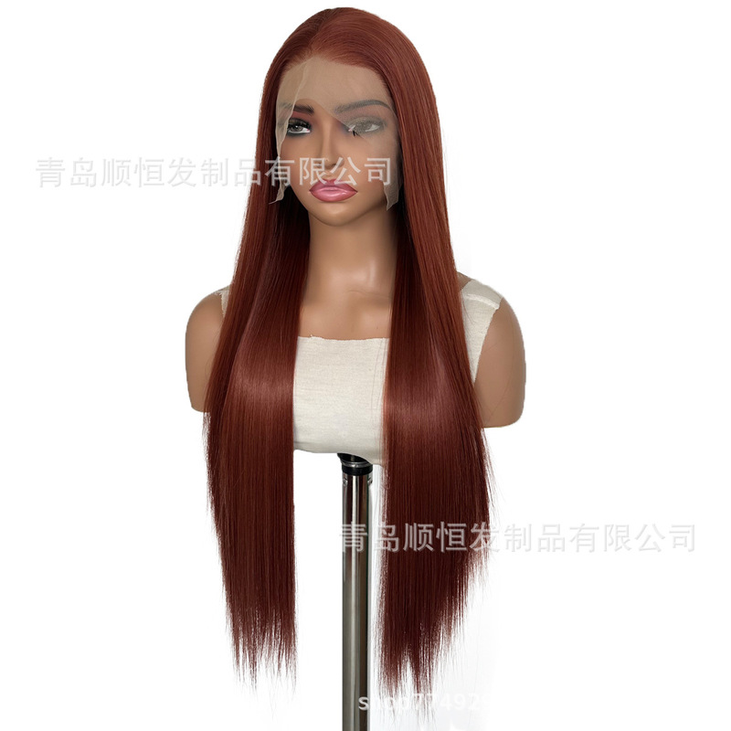 欧美假发全头套 前蕾丝手勾红棕色长直发自然蓬松COS工厂现货批发|undefined