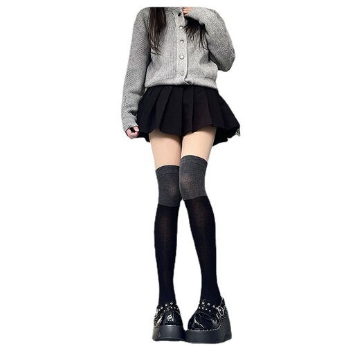 Calf socks for women, spring and autumn mid-calf black and gray spliced ​​half-leg black calf socks with color matching long-tube over-the-knee high socks
