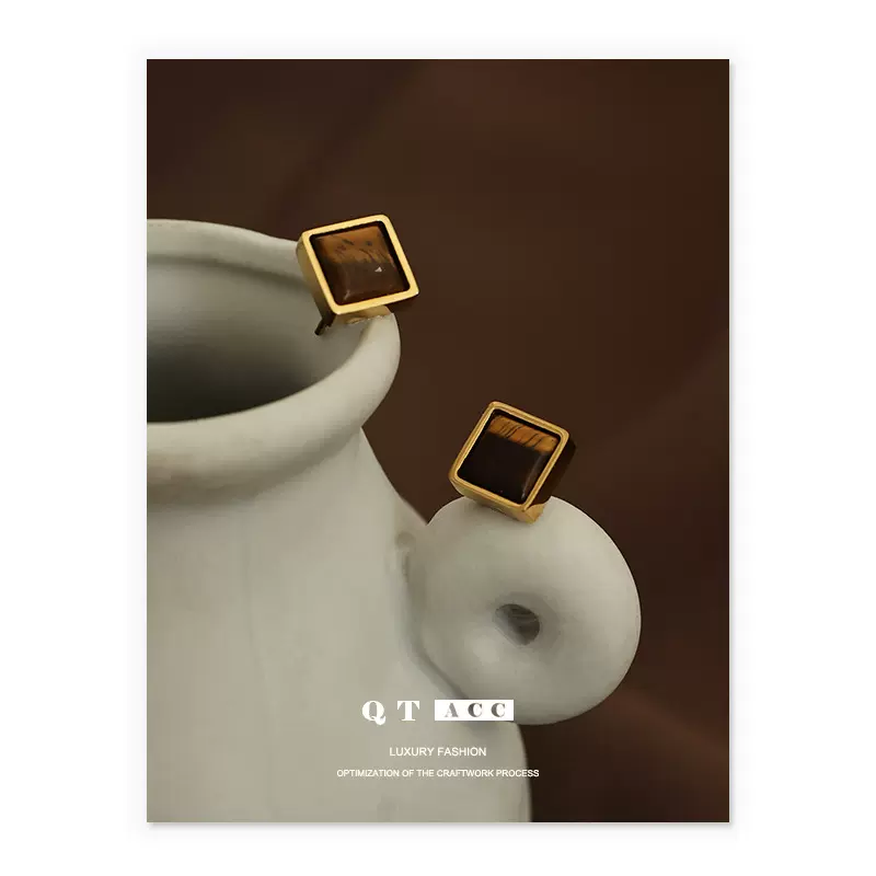 高保色真空电镀真金/天然石 ins复古简约气质网红耳钉小众耳饰女