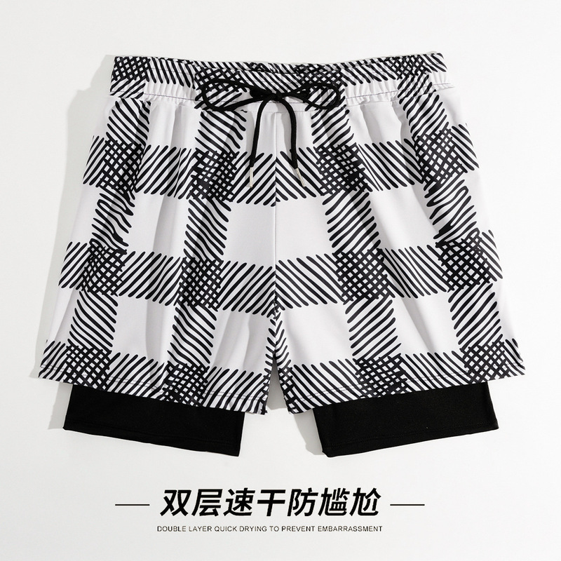 Plaid Beach Pants Can Be Used in the Water, Men's Swimming Trunks, Double-Layered Lined Quick-Drying Anti-Embarrassment Swimsuit Beach Pants for Swimming