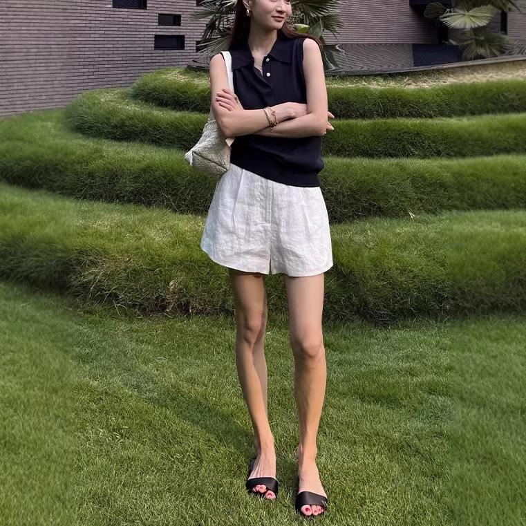 Lyocell Tencel Linen Navy Blue Cool Polo Collar Sleeveless Vest Top for Women in Summer