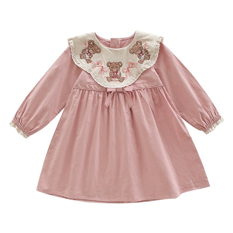 2024 otoño muñeca collar arco algodón falda de los niños Ropa de los niños de estilo coreano ropa resistente retro oso vestido de niña