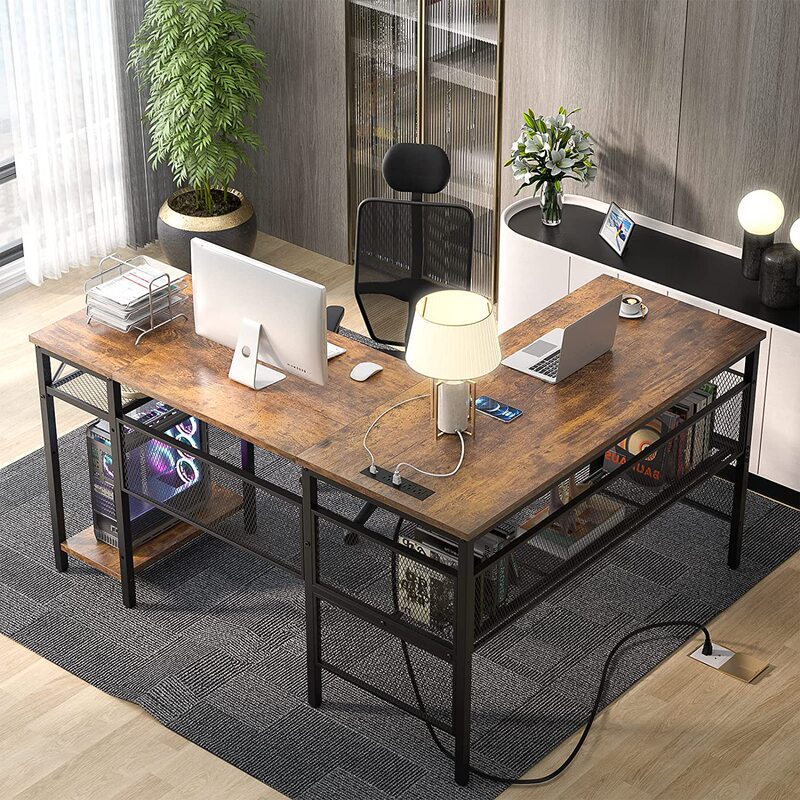 Large Desk Double Desk Student Writing Desk Retro Brown with Socket Family Workstation Can Be Customized Large Desk Double Desk Student Writing Desk Retro Brown with Socket Family Workstation Can Be Customized
