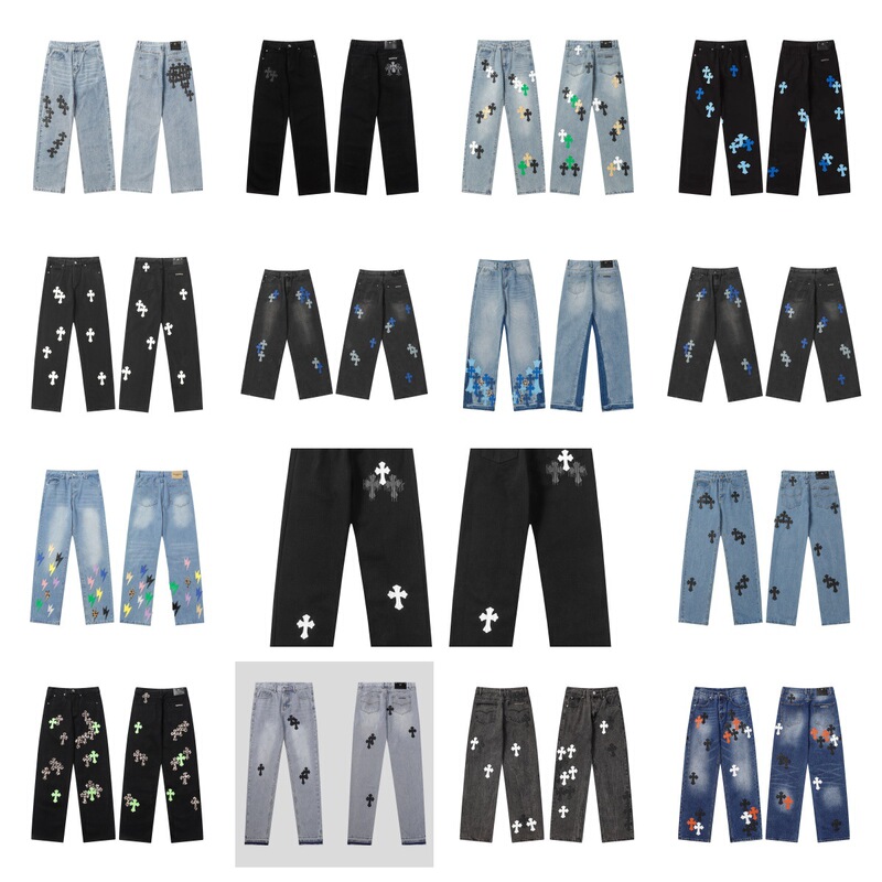 Authentic High-Quality Ch Chrome Hearts Leather Patch Cross Large Size Loose Casual Patchwork Straight-Leg Jeans in Stock