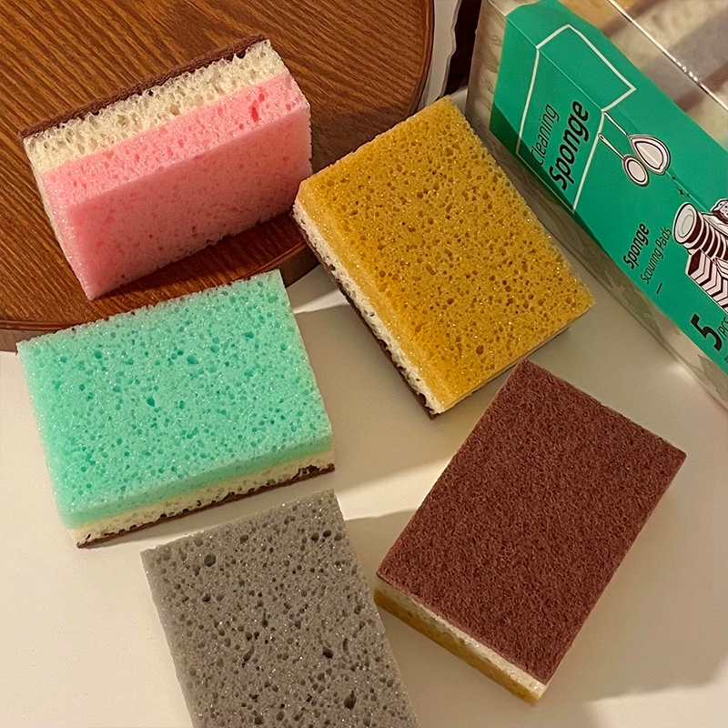 Ll Set of 5 ~ Double-sided dishwashing sponge, kitchen cleaning tool, non-stick oil scouring pad, dishwashing magic