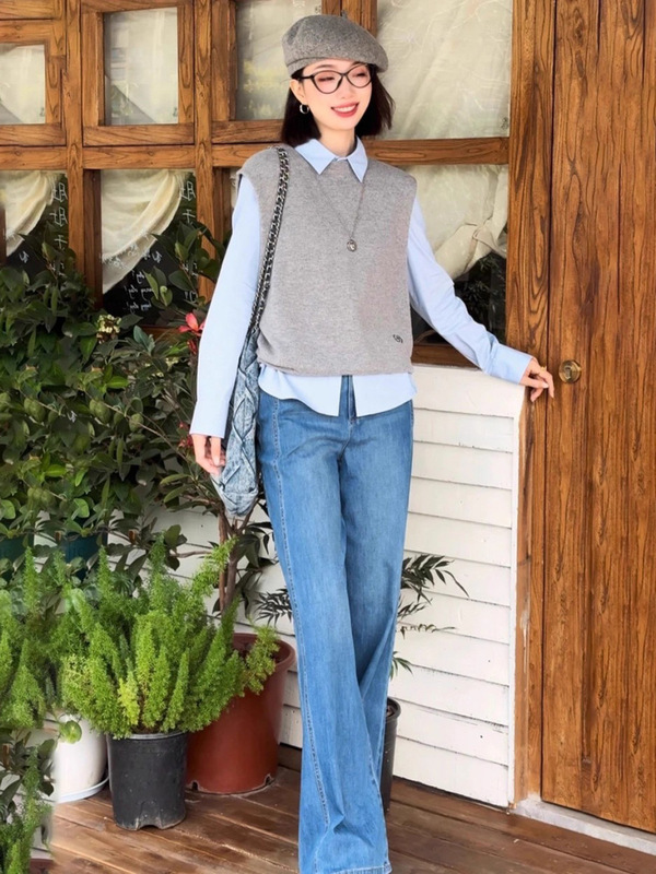 哥家商场同款女装2025秋季简约气质休闲百搭高腰直筒裤垂感牛仔裤|undefined