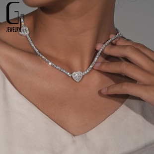 Europe and the United States cross-border supply S925 silver Moissanite tennis chain heart-shaped hip-hop personality necklace seconds overtest drill pen