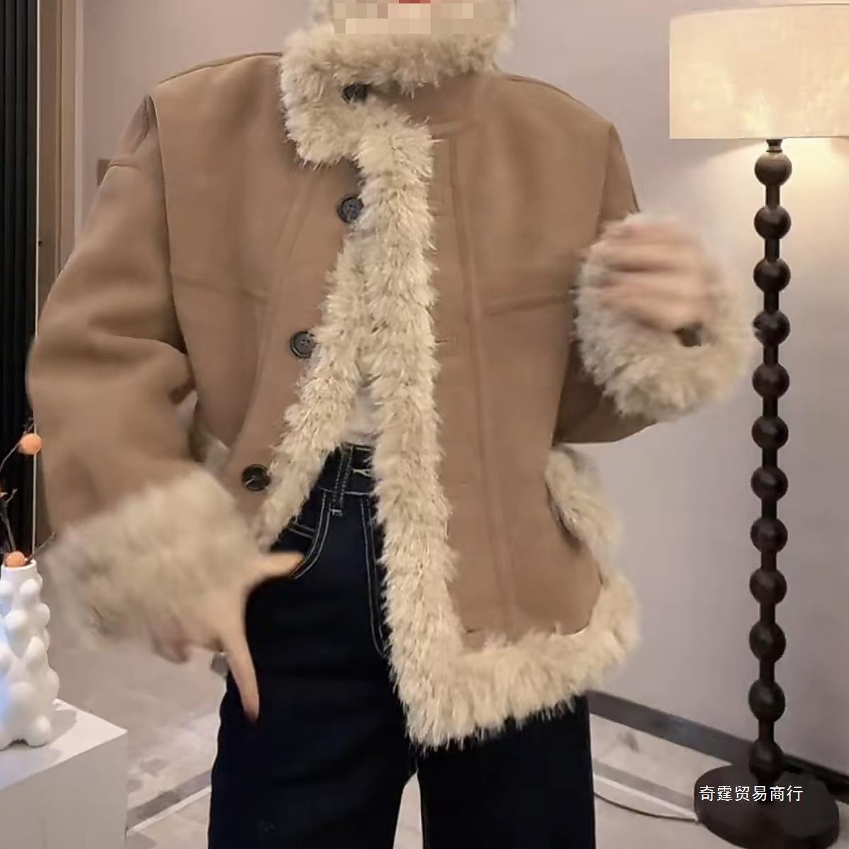 수직 칼라 단일 브레스트 단색 모피 원피스 두껍게 긴 소매 코트 탑 쌀 화이트 다크 브라운 다른 하이 퀄리티