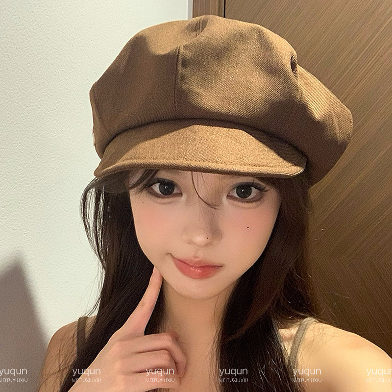 简约咖色贝雷帽女春秋日系复古百搭八角帽大头围显脸小画家帽子潮|undefined