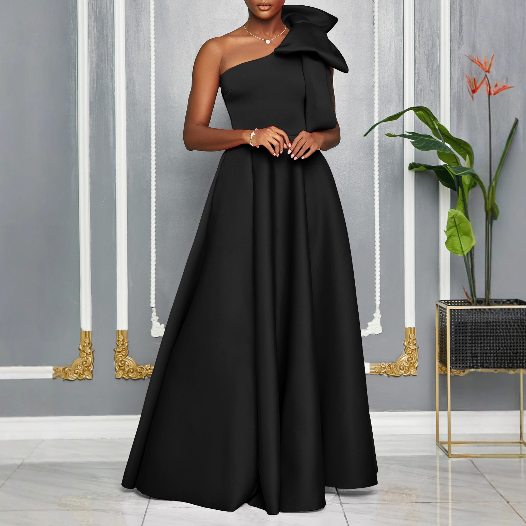 Women's One Shoulder Red Evening Dress With Bow, Elegant A-Line Maxi Gown For Wedding Guest, Prom & Formal Party_ecoleips.com