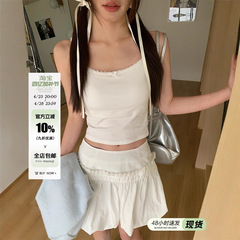 宋正恩蕾丝花边白色吊带背心女带胸垫夏季蝴蝶结辣妹内搭短款上衣