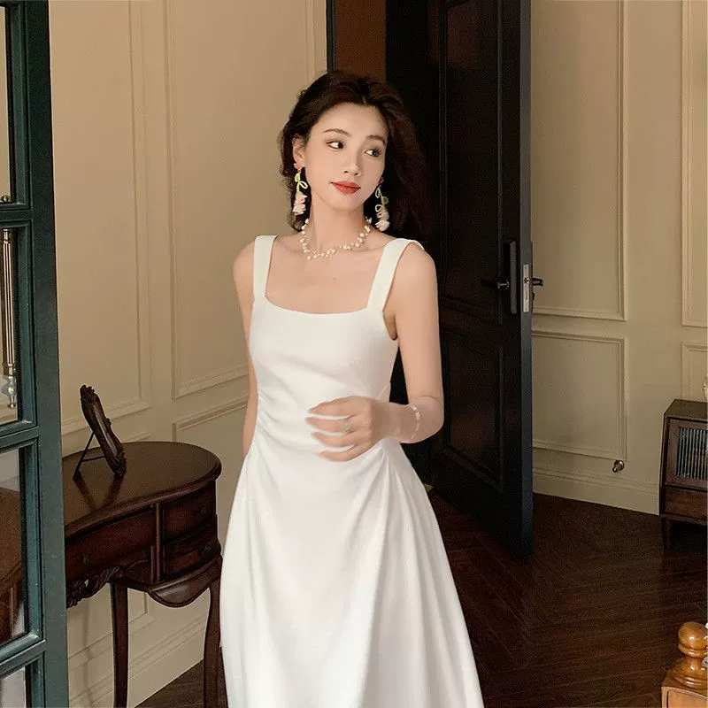 Элегантное и изысканное миниатюрное белое женское платье на тонких бретельках во французском стиле с внутренней основой и завышенной талией, длинное весенне-летнее платье.